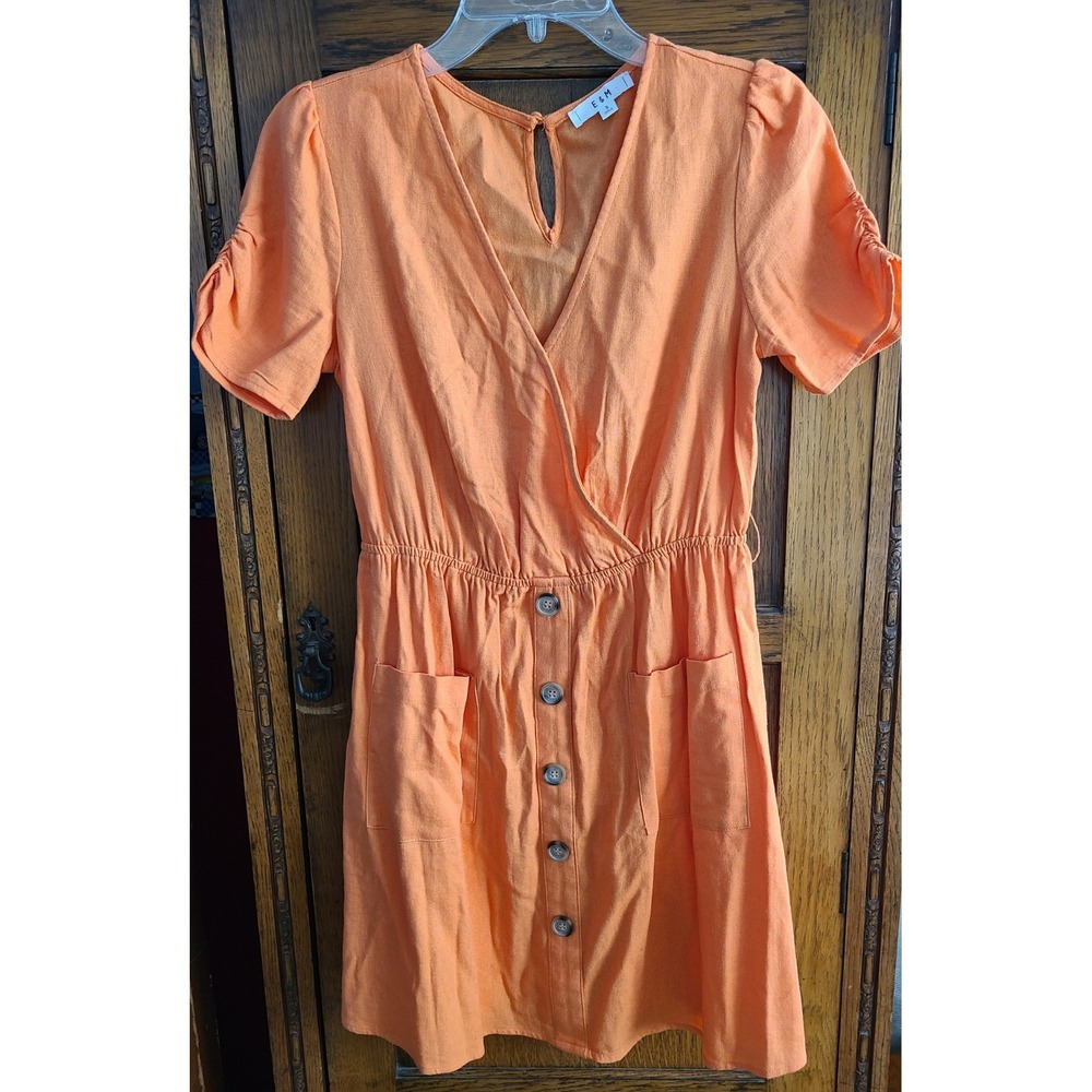 E&M Cottagecore Orange Ruched Sleeve Button Down Mini Dress with Pockets Small